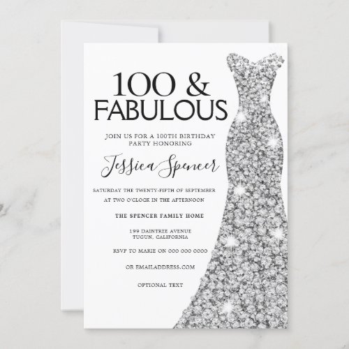 Silver Sparkle Dress 100  Fabulous 100th Birthday Invitation