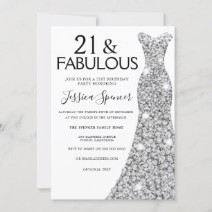 Silver Sparkle Dress 21 & Fabulous 21st Birthday Invitation