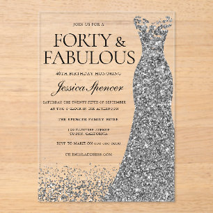 Silver Sparkle Dress 40th Birthday Party Acrylic Invitations