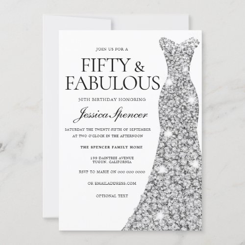 Silver Sparkle Dress 50  Fabulous 50th Birthday Invitation