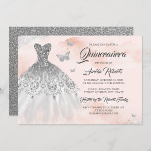 Silver Sparkle Dress Pink Watercolor Quinceanera Invitation