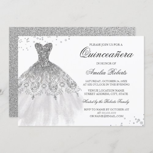 Silver Sparkle Dress Quinceanera Invitation