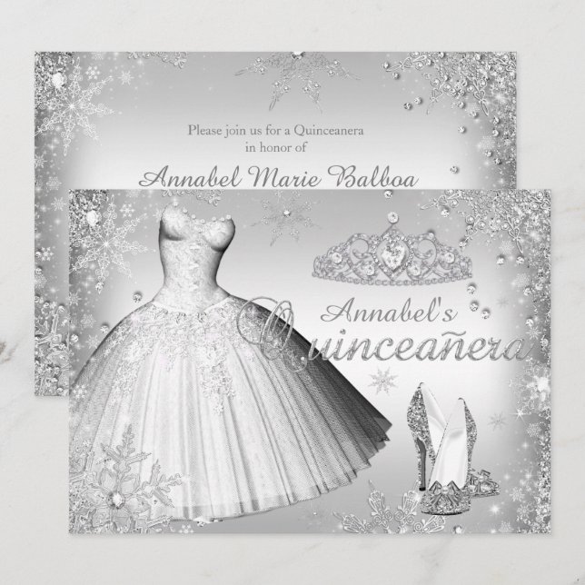 Silver Sparkle Dress & Tiara Quinceanera Invite (Front/Back)