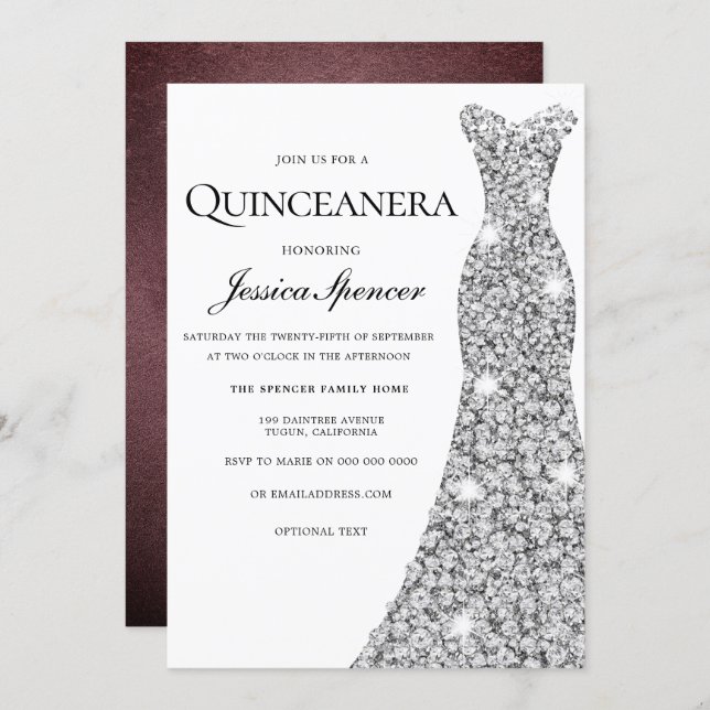 Silver Sparkle Dress Velvet Quinceanera Invite (Front/Back)