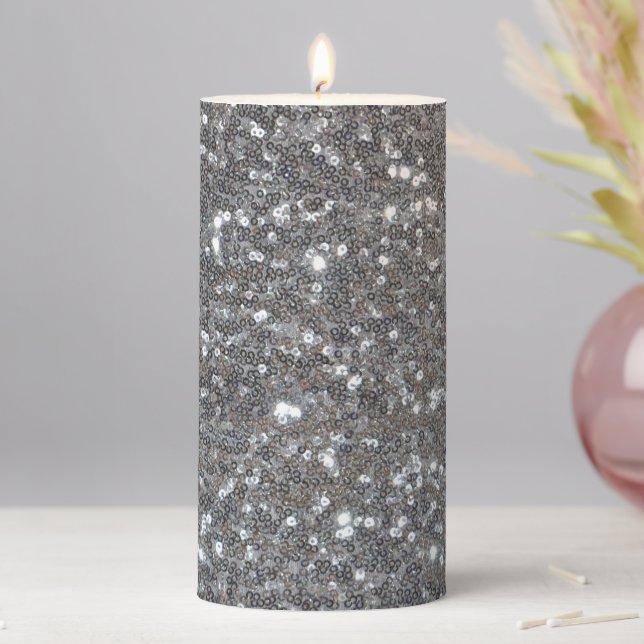 Silver Sparkle Faux Glitter Pillar Candle (In Situ)