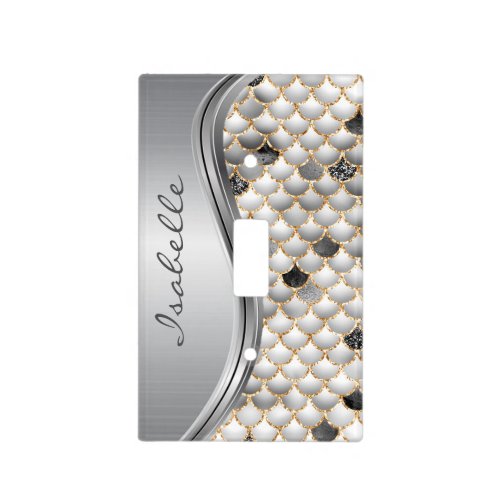 Silver Sparkle Glam Bling Monogram Mermaid Scale Light Switch Cover