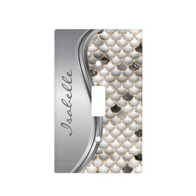 Silver Sparkle Glam Bling Monogram Mermaid Scale Light Switch Cover (Front)