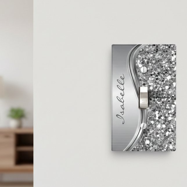 Silver Sparkle Glam Bling Monogram Name Metal Light Switch Cover (Creator Uploaded)