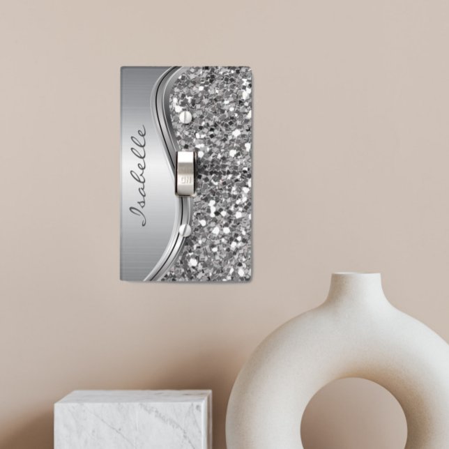 Silver Sparkle Glam Bling Monogram Name Metal Light Switch Cover (Creator Uploaded)