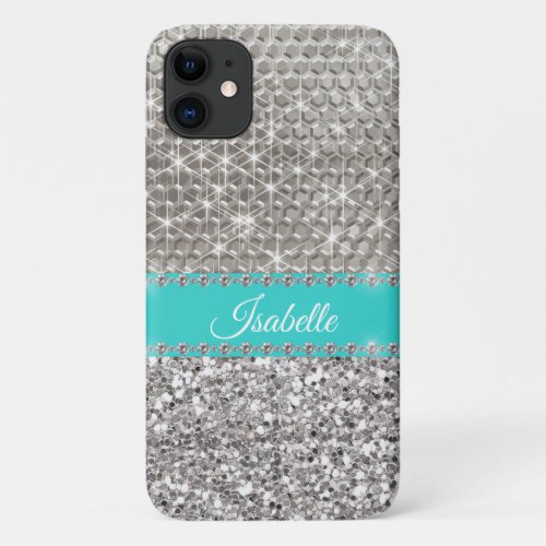 Silver Sparkle Glam Bling Personalized Metal iPhone 11 Case