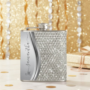 Silver Sparkle Glam Bling Personalized Metal Flask