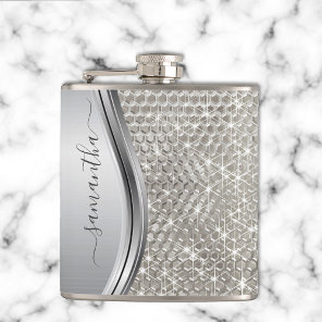 Silver Sparkle Glam Bling Personalized Metal Flask