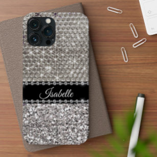 Silver Sparkle Glam Bling Personalized Metal Look iPhone 15 Case
