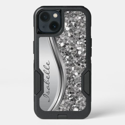 Silver Sparkle Glam Bling Personalized Metal iPhone 13 Case