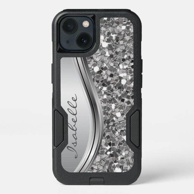 Silver Sparkle Glam Bling Personalized Metal Otterbox iPhone Case (Back)