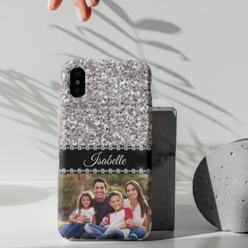 Silver Sparkle Glam Glitter Photo Monogram iPhone 11 Case