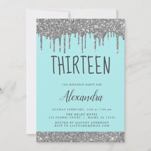 Silver Sparkle Glitter 13th Thirteen Birthday Invitation