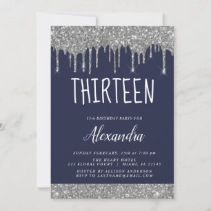Silver Sparkle Glitter 13th Thirteen Birthday Invitation