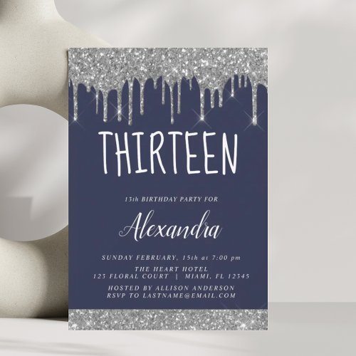 Silver Sparkle Glitter 13th Thirteen Birthday Invitation