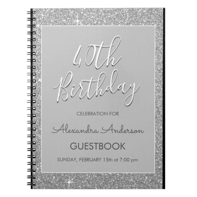 Silver Sparkle Glitter 40th Birthday Guestbook Notebook (Front)