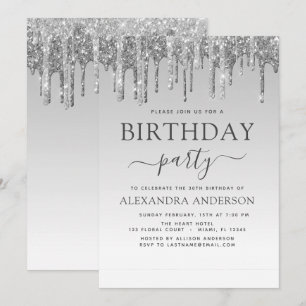 Silver Sparkle Glitter Any Age  Birthday Invitation