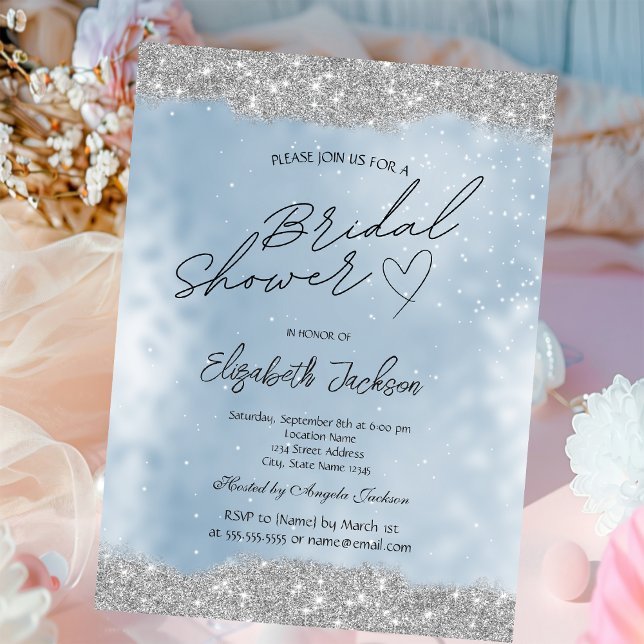 Silver Sparkle Glitter Blue Bridal Shower  Invitation (Creator Uploaded)