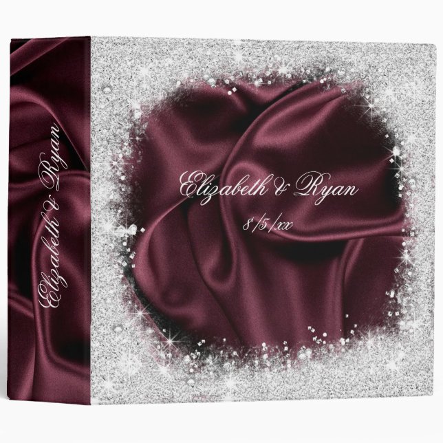 Silver Sparkle Glitter, Burgundy Satin, Custom 3 Ring Binder (Front/Spine)