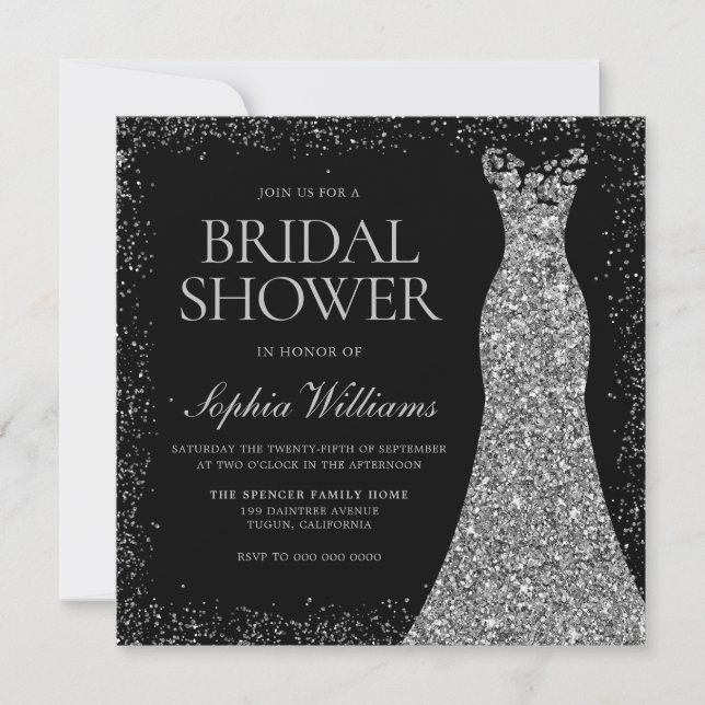 Silver Sparkle Glitter Dress Gown Bridal Shower Invitation (Front)