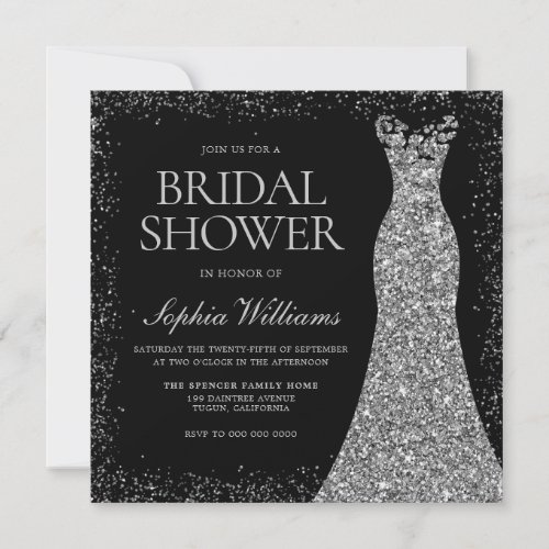 Silver Sparkle Glitter Dress Gown Bridal Shower Invitation