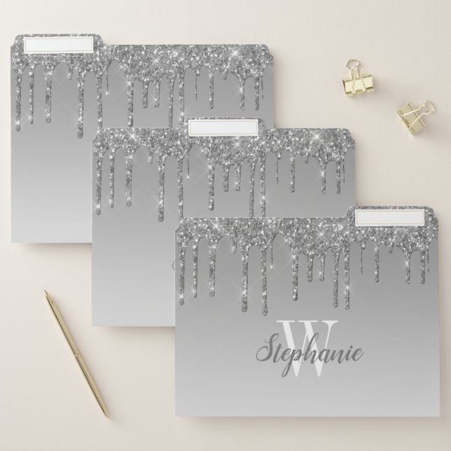 Silver Sparkle Glitter Drip Ombre Monogram File File Folder (Set)