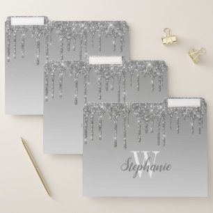 Silver Sparkle Glitter Drip Ombre Monogram File Folder