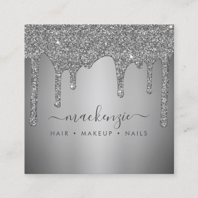 Silver Sparkle Glitter Drips Luxury Square Business Card (Front)