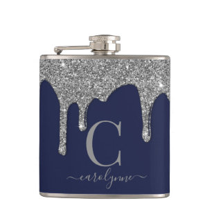 Silver Sparkle Glitter Drips Navy Blue Monogram Flask