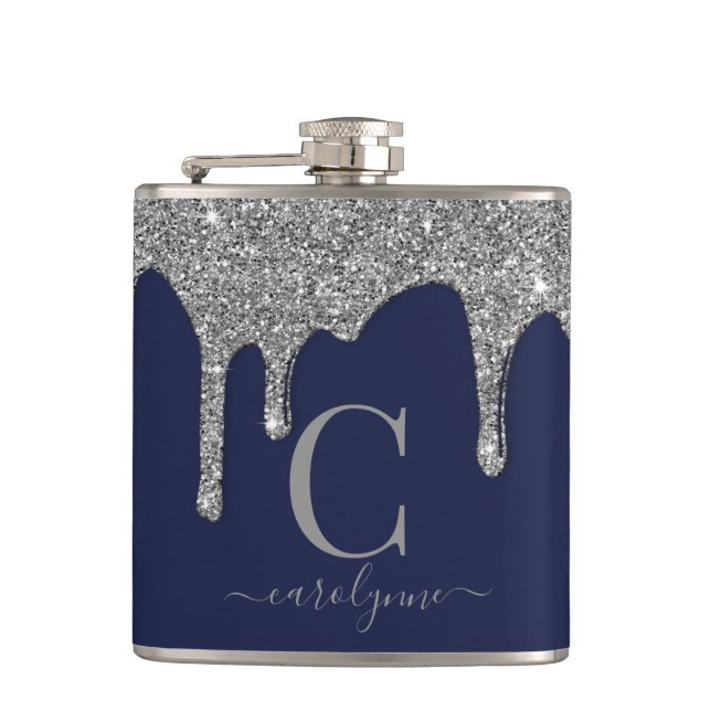 Silver Sparkle Glitter Drips Navy Blue Monogram Flask (Front)