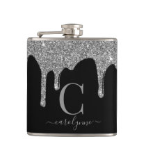 Silver Sparkle Glitter Drips on Black Monogram Flask Silver Sparkle Glitter Drips on Black Monogram Flask