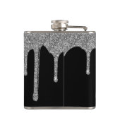 Silver Sparkle Glitter Drips on Black Monogram Flask (Back)