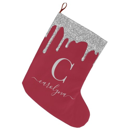 Silver Sparkle Glitter Drips on Red Monogram Large Christmas Stocking