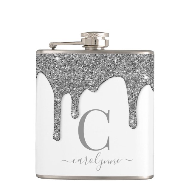 Silver Sparkle Glitter Drips White Monogram Flask (Front)