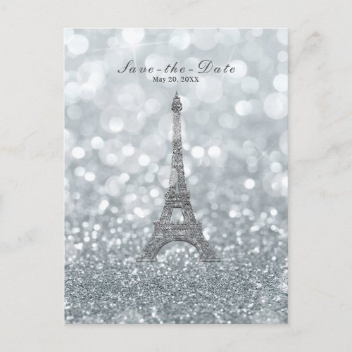 Silver Sparkle Glitter Eiffel Tower Save the Date Announcement Postcard