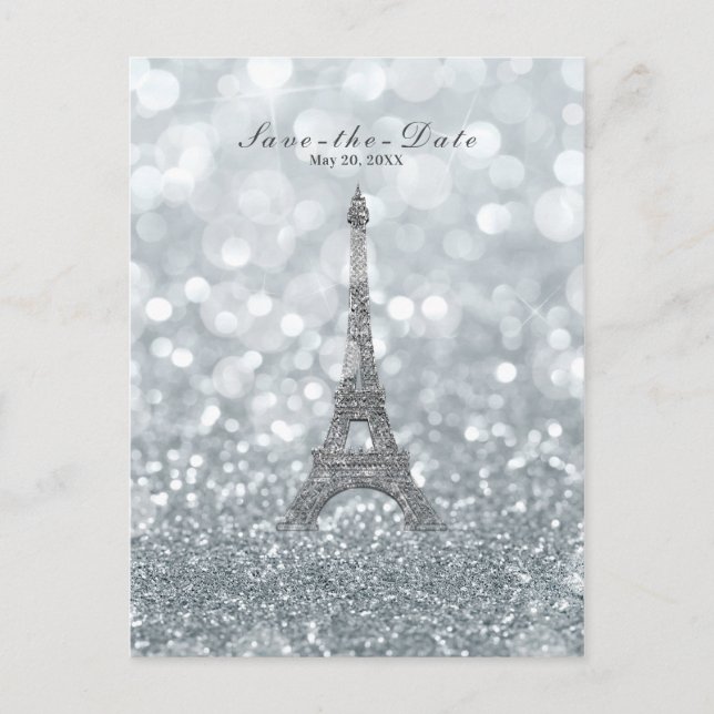 Silver Sparkle Glitter Eiffel Tower Save the Date Announcement Postcard (Front)