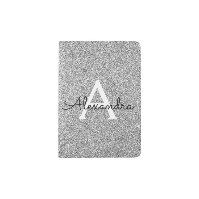 Silver Sparkle Glitter Girly Monogram Name Passport Holder (Front)