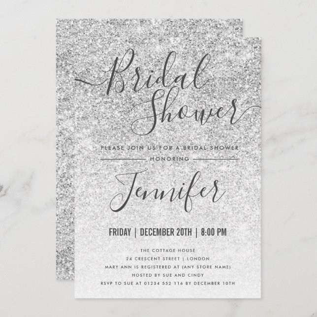 Silver Sparkle Glitter Glam Bridal Shower Invitation (Front/Back)