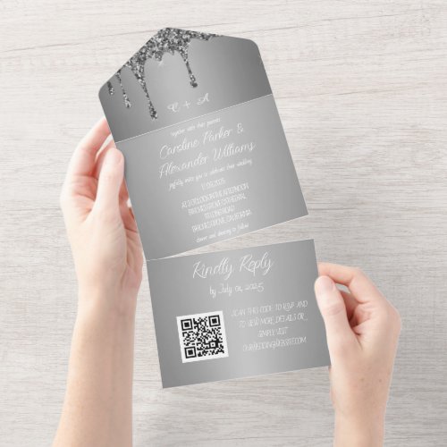 Silver Sparkle Glitter Grey Script RSVP QR Code Al All In One Invitation