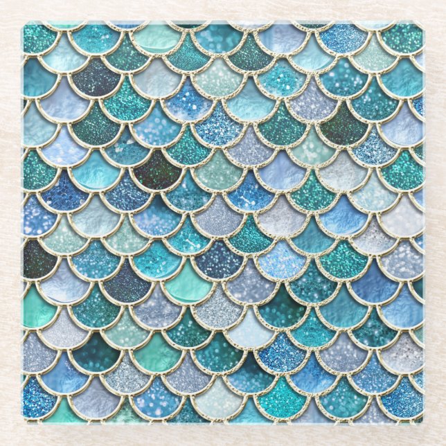 Silver Sparkle Glitter Mermaid Scales Glass Coaster (Front)