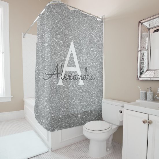 Silver Sparkle Glitter Monogram Name Bathroom Shower Curtain