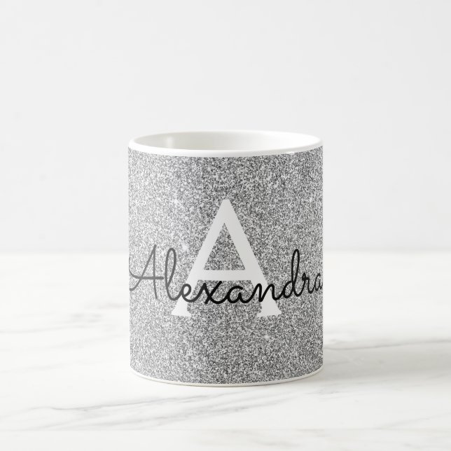 Silver Sparkle Glitter Monogram Name & Initial Coffee Mug (Center)