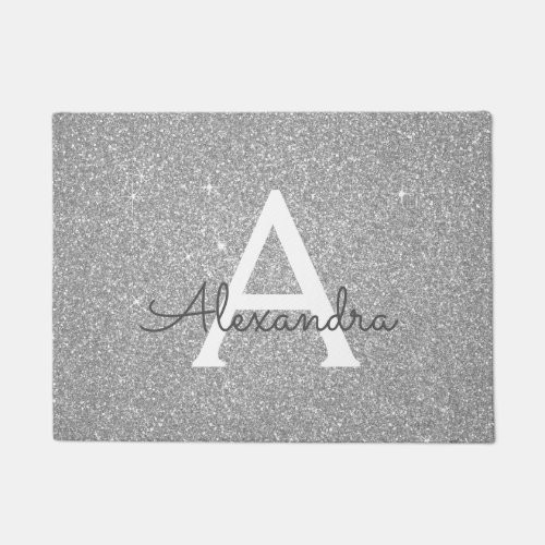 Silver Sparkle Glitter Monogram Name  Initial Doormat