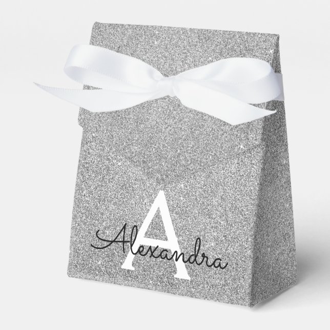 Silver Sparkle Glitter Monogram Name & Initial Favor Boxes (Front Side)