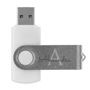 Silver Sparkle Glitter Monogram Name & Initial Flash Drive