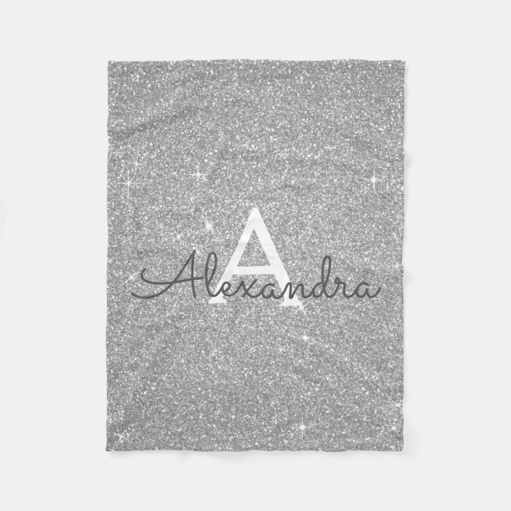 Silver Sparkle Glitter Monogram Name & Initial Fleece Blanket Zazzle